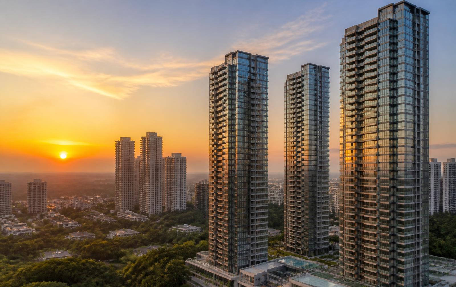 Gurgaon residential high-rise skyline at sunset